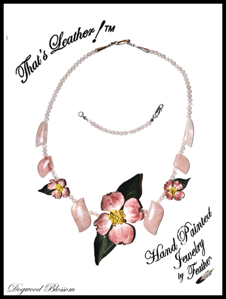 Leather Pink Dogwood Necklace with Rose quartz fan  and round beads. Included is a necklace extender.