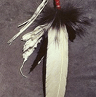 10 inch decorated Bald Eagle Tail Feather This is a Leather 10 inch Bald Eagle Tail Feather decorated with fur, deer skin, and traditionally wrapped quill with deer skin leather tie.